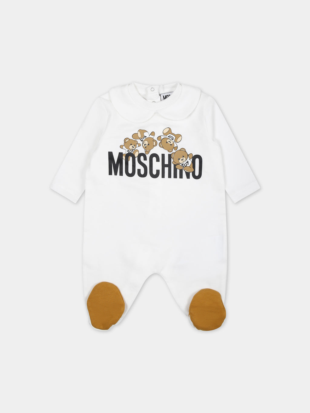 White playsuit for babies with logo and Teddy Bear